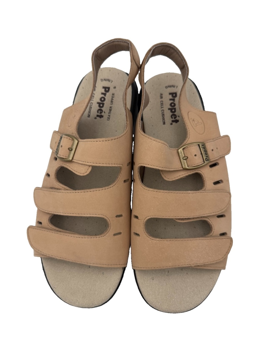 Propet Breeze Woman 8.5W(D) Beige Suede Strappy Comfort Sandals Brass Buckles
